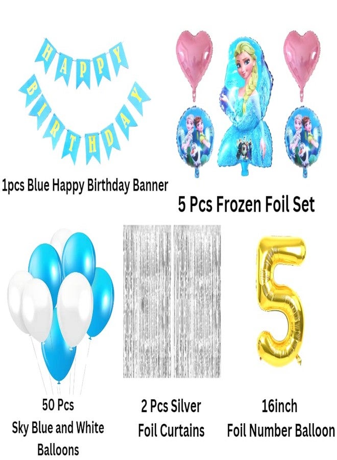 Flyloons 5th Frozen Elsa theme birthday decoration items for Girls Boys kids baby girl with Elsa Foil Balloon,Light Pink Star Foil,Sky Blue White Balloons,Silver Foil Curtains,Foil Balloon number 5 - Image 2